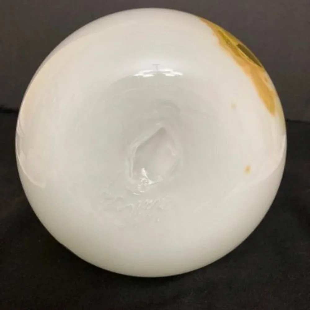 Hand‎ Blown Art Glass Vase White Yellow Rimmed Bulbous Abstract Signed